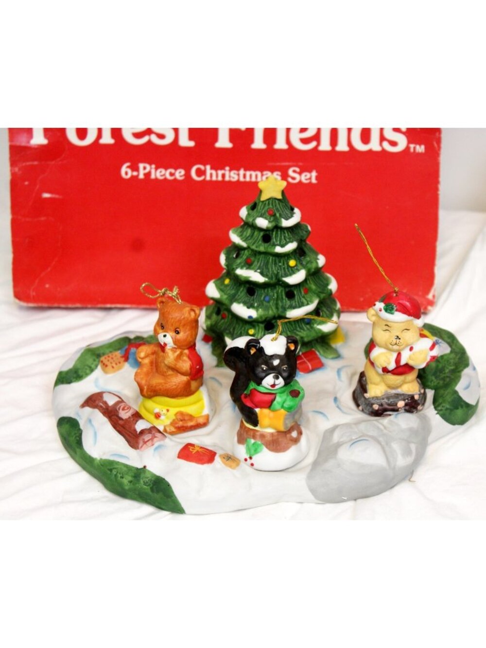 1987 American Trends Forest Friends 6pc Bell Ornament Tea light Candle Bear Xmas